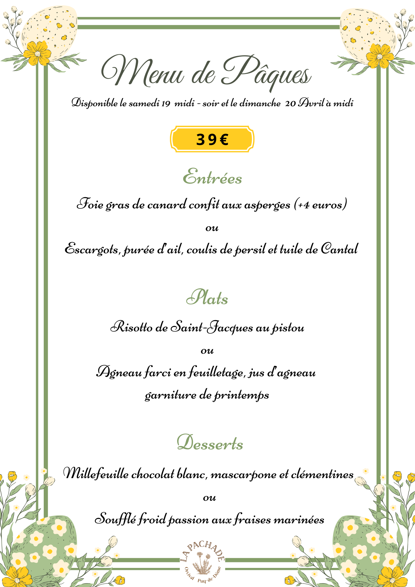 La Pachade, menu Pâques 2025