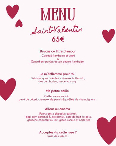 Menu saint-Valentin, restaurant La Pachade